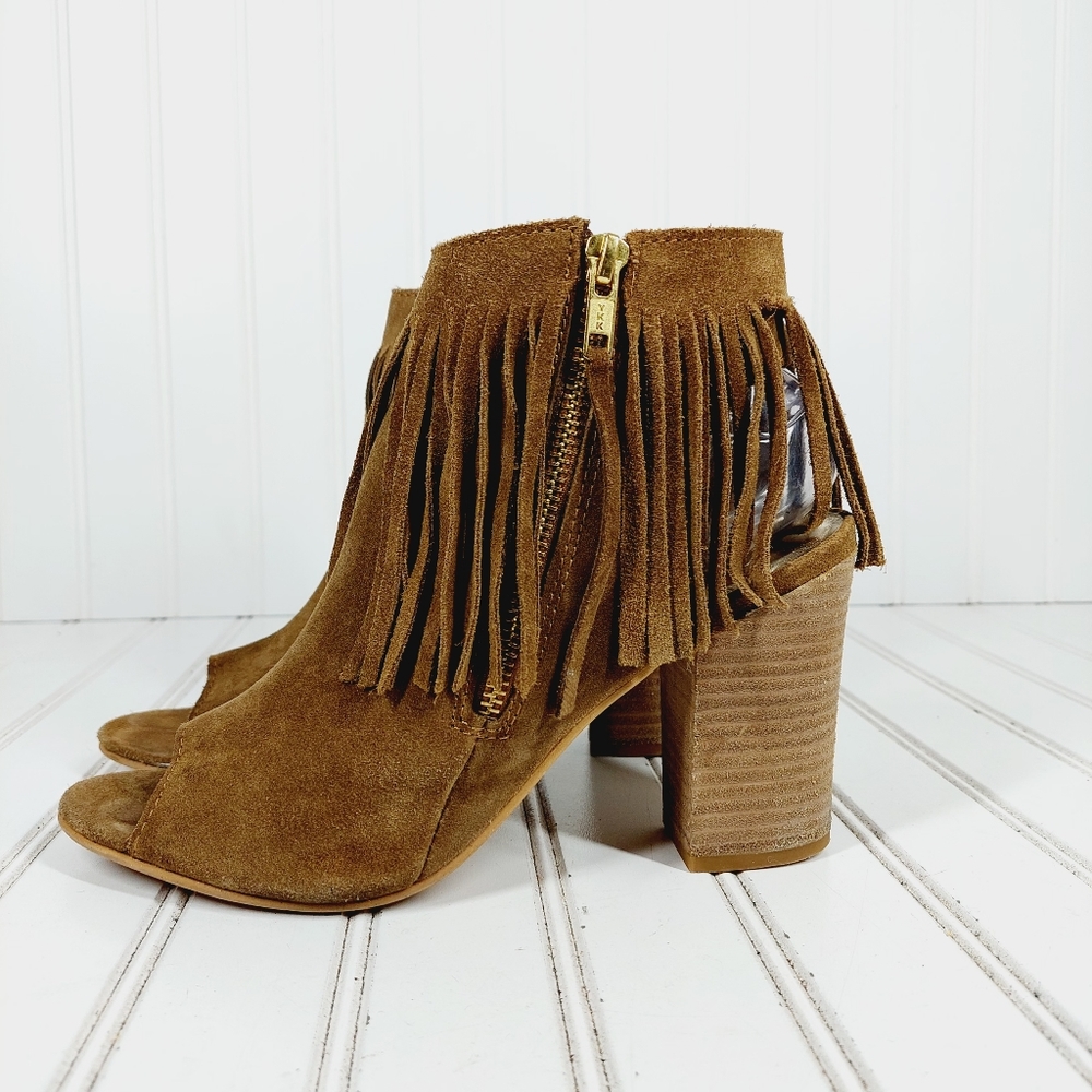 🔥 Carlos Santana Fringed Heeled Brown Suede Open Toe Ankle Booties
